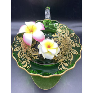 Vintage Green and Gold Gilded With Flower Pattern &.Scalloped Edges Trinket Dish